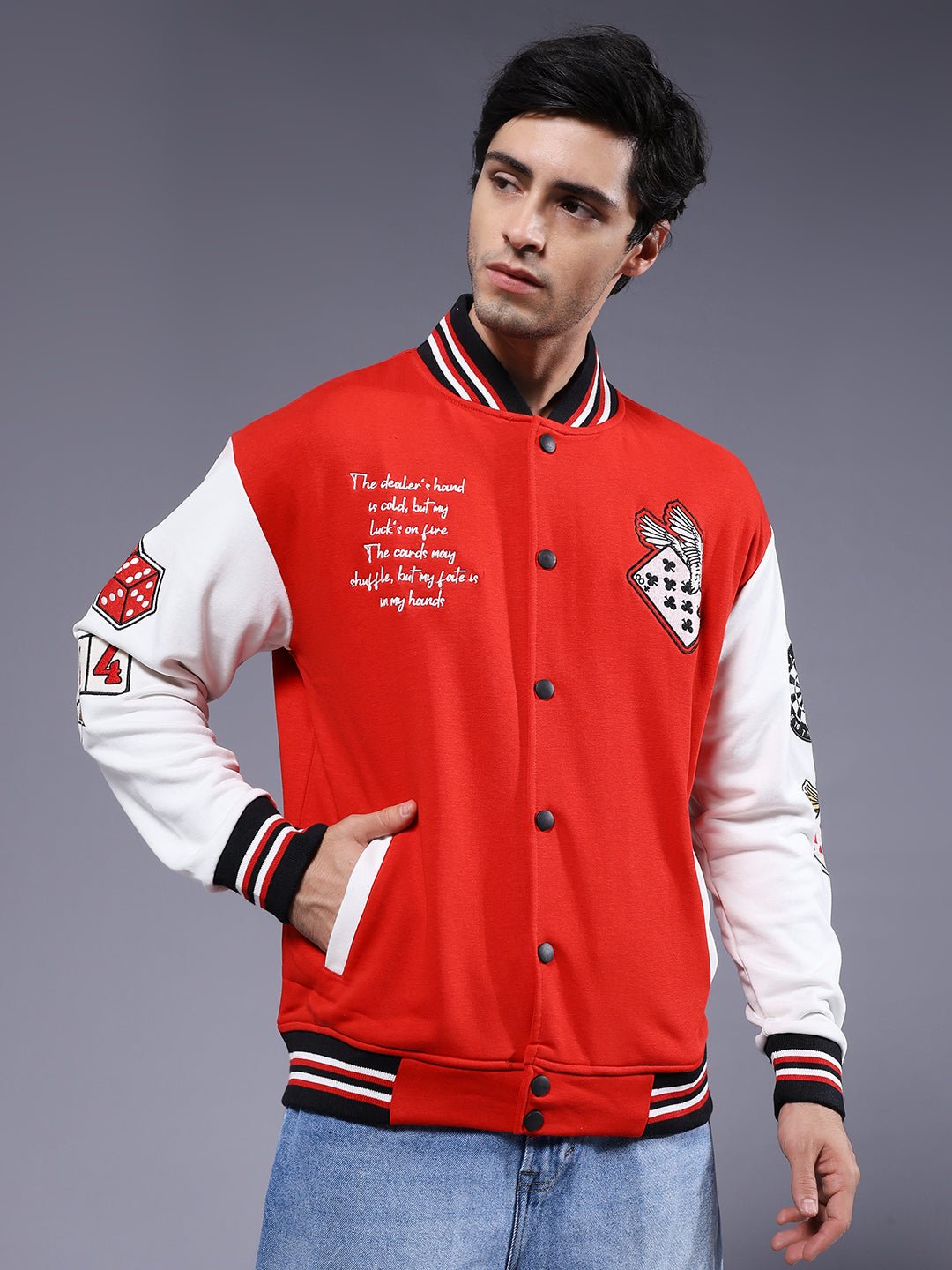 Cards Men Embroidered Varsity Bomber Jacket