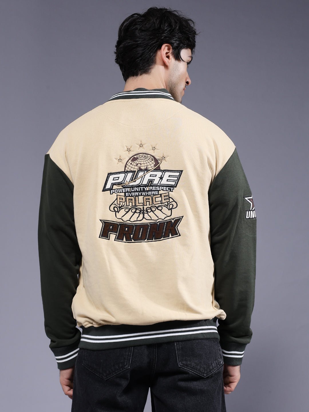 Respect Men Embroidered Varsity Bomber Jacket