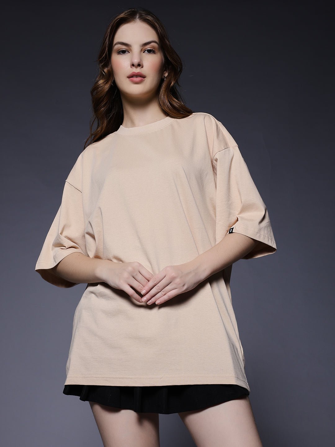 Solid Women Oversized T-Shirt - Beige