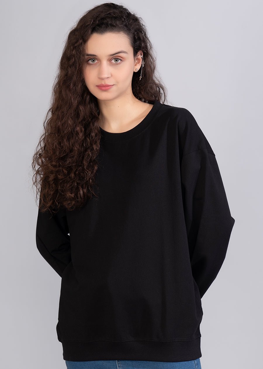 Solid Black Women Drop Shoulder Sweatshirt
