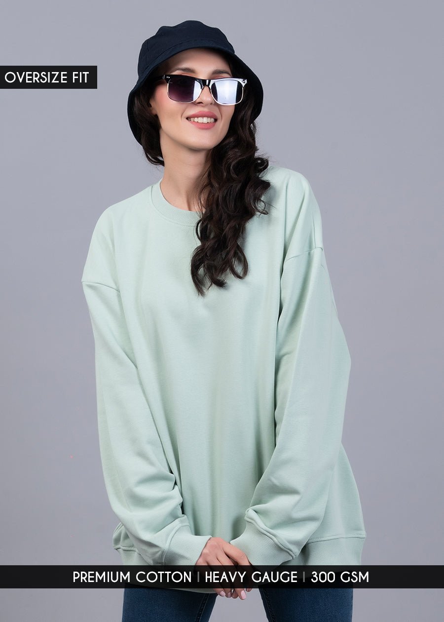 Solid Mint Green Women Drop Shoulder Terry Sweatshirt