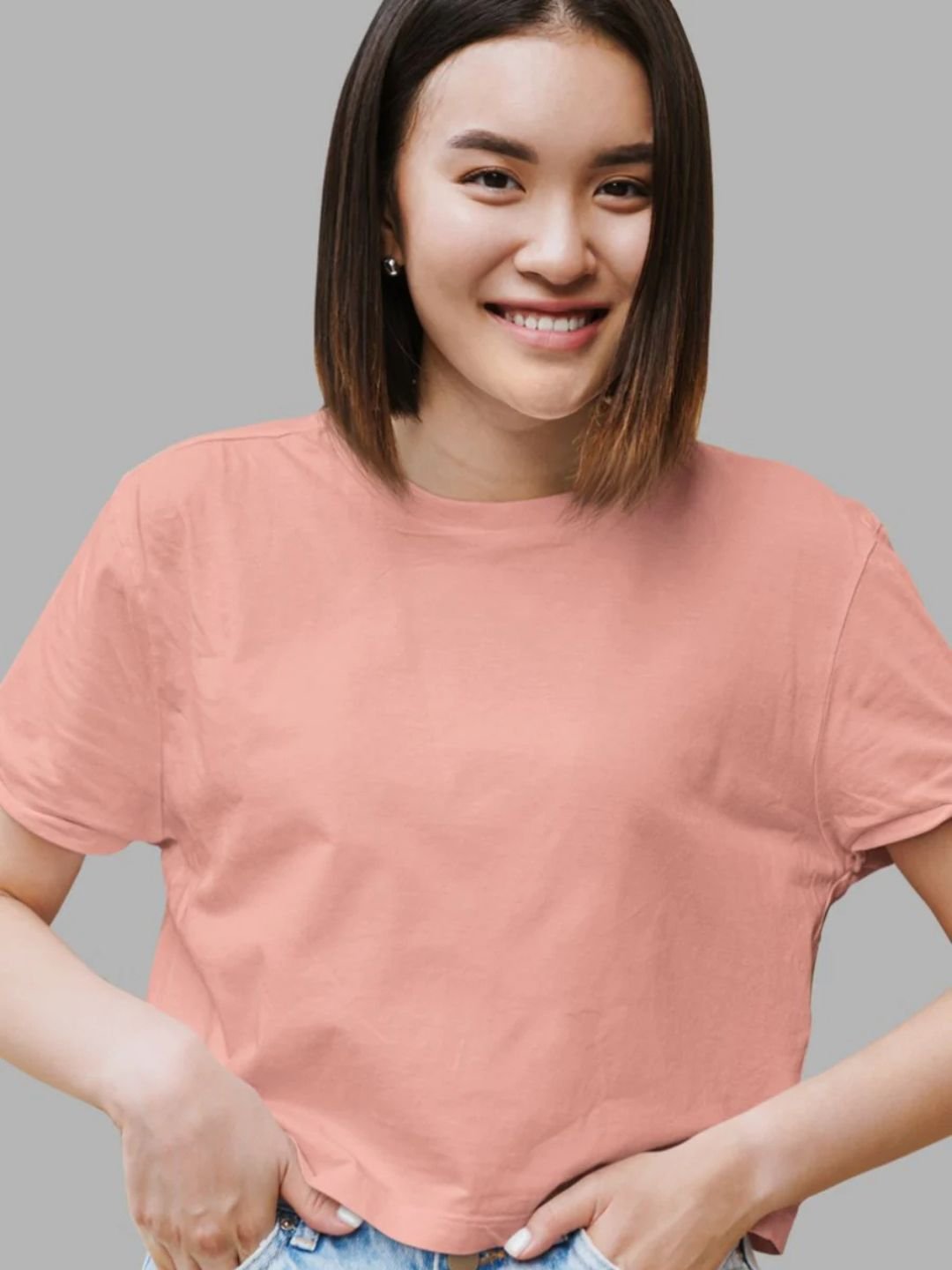 Solid Women Half Sleeve Crop Top - Salmon Pink