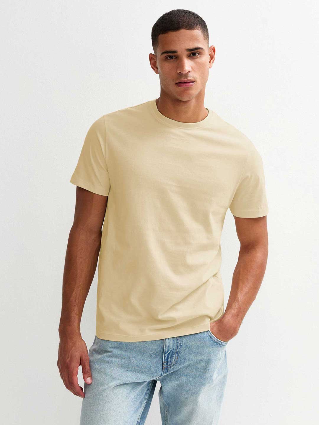Solid Men Half Sleeve T-Shirt - Beige