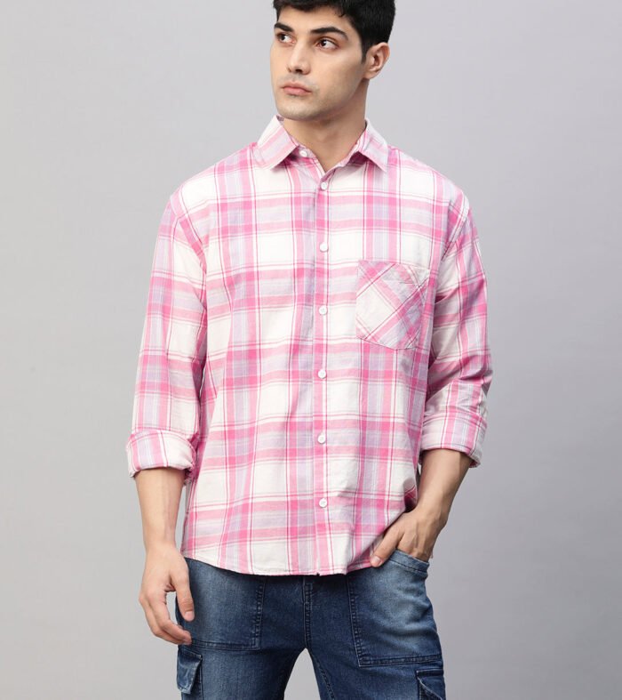 Mens Pink and White Check Relaxed Fit Shirt
