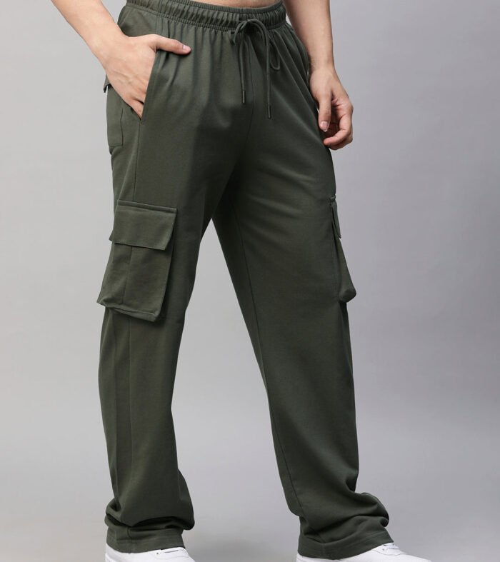 Men Premium Terry Cargo Pants - Olive Green