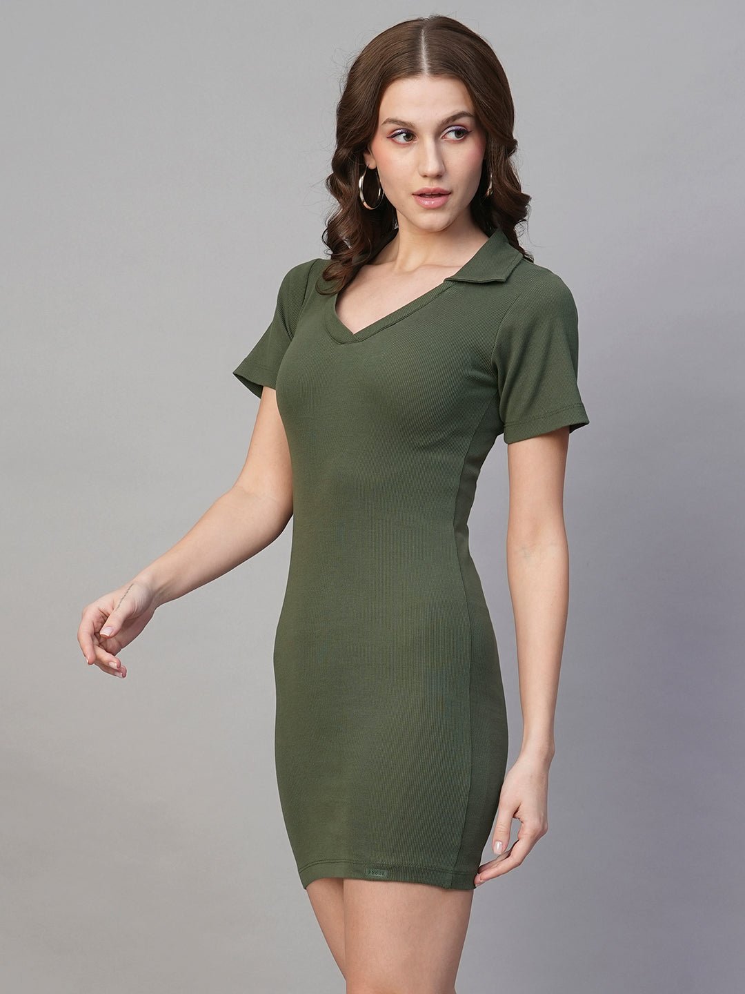 Ribbed Half Sleeve Collared Bodycon - Olive Green