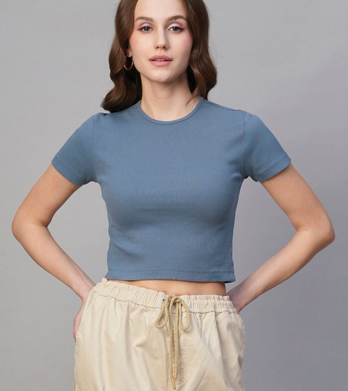 Pronk Ribbed Half Sleeve Crop Top - Denim Blue