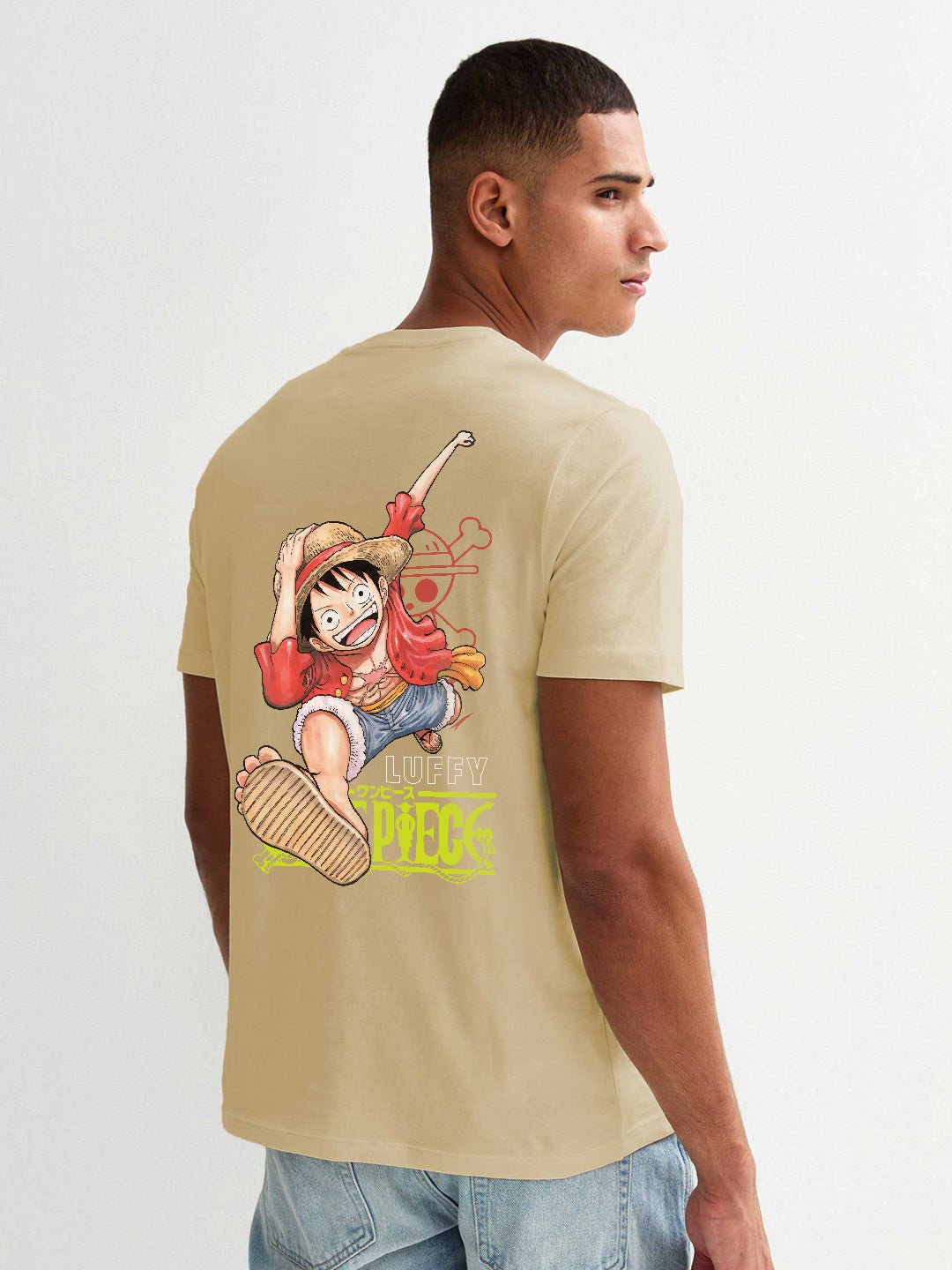 Run Luffy Men Regular Fit Beige Half Sleeve T-Shirt