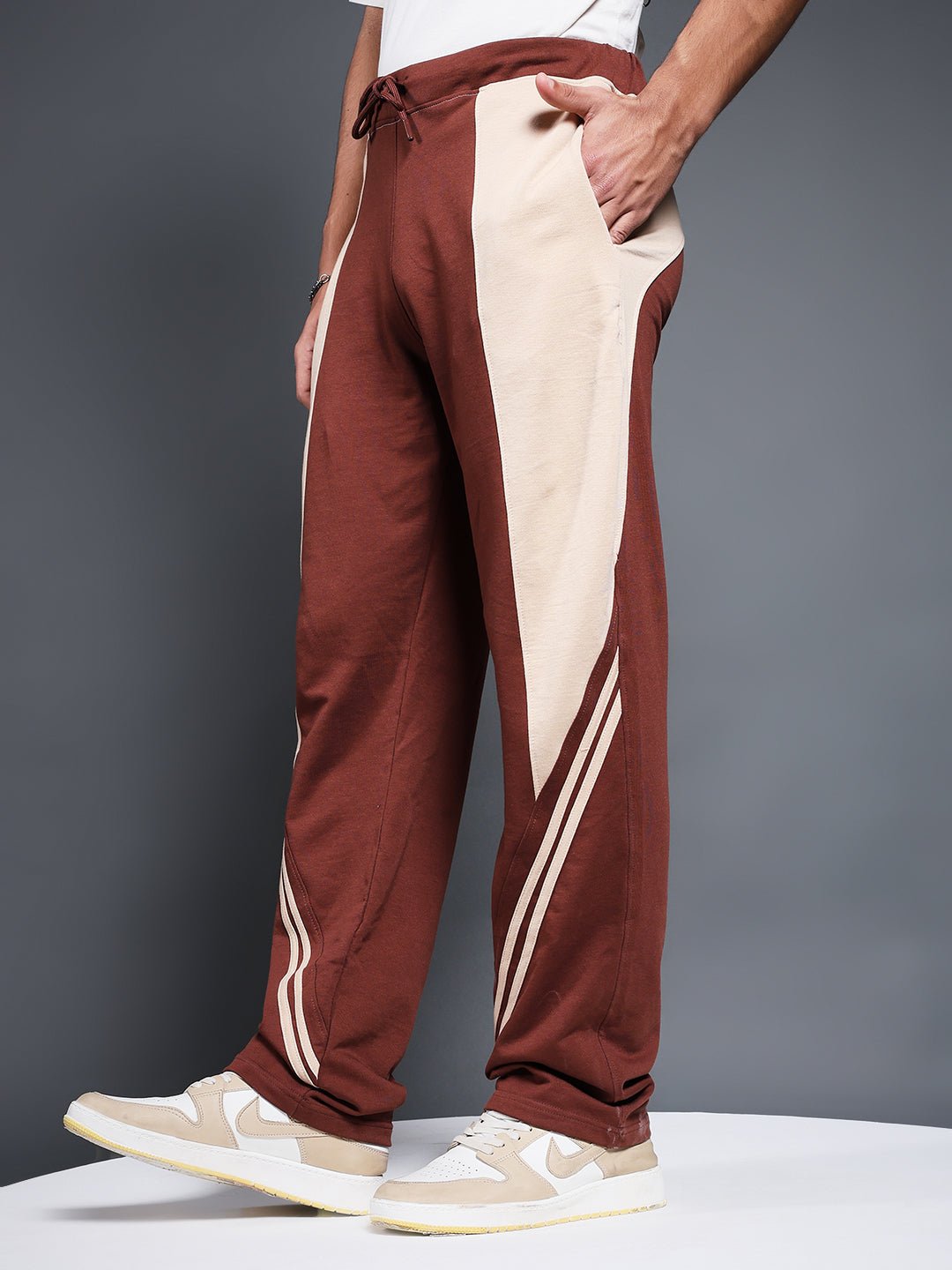 Men Colorblock Premium Terry Jogger with Side Stripes - Cocoa