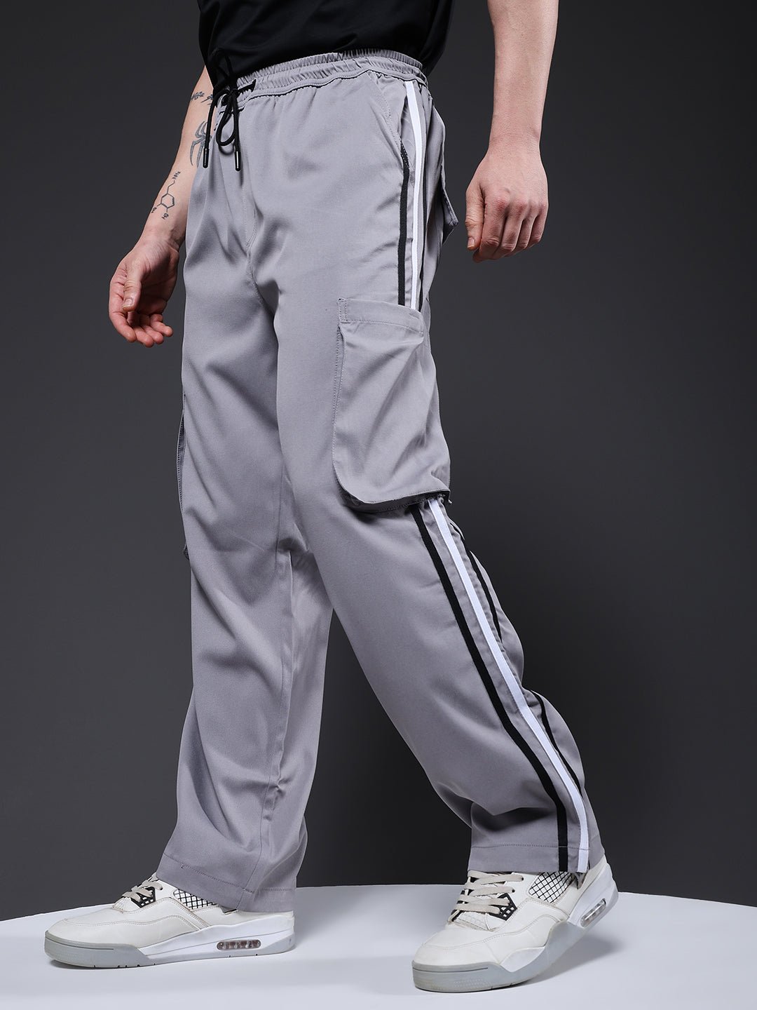 Men Striped Cargo Joggers Ash Grey