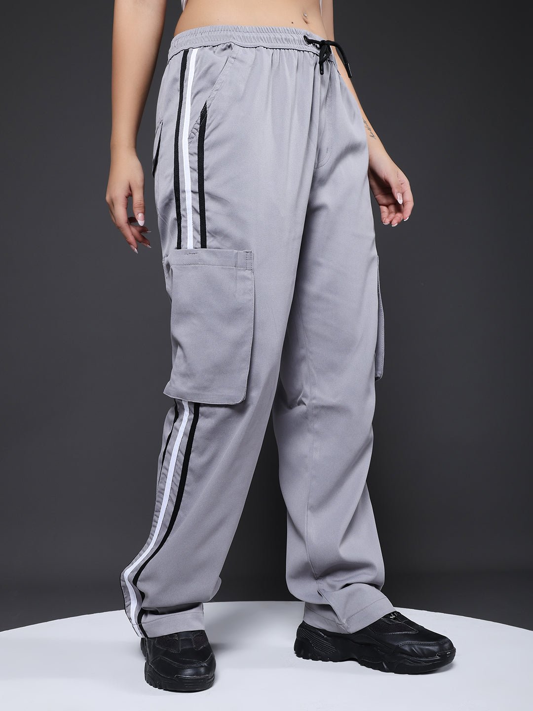 Women Striped Cargo Joggers - Ash Grey