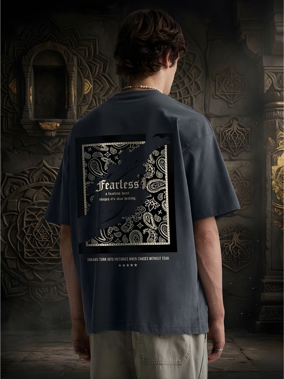 FEARLESS HEART Men Printed Oversized T-Shirt