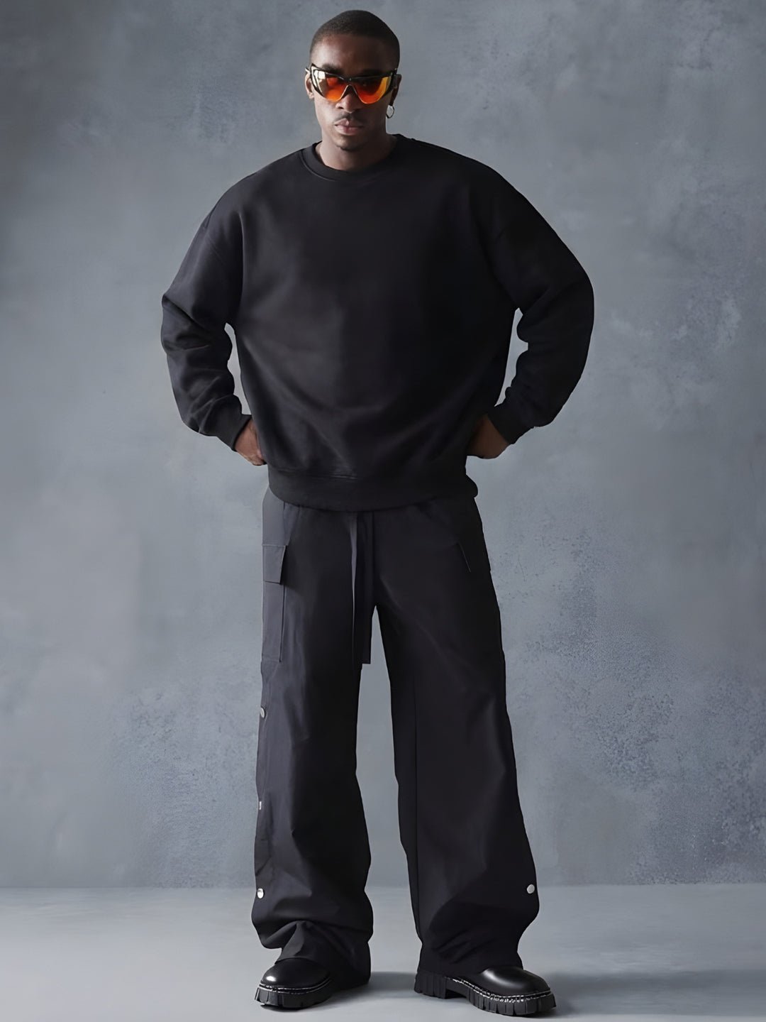 Solid Black Men Drop Shoulder Premium Terry Sweatshirt