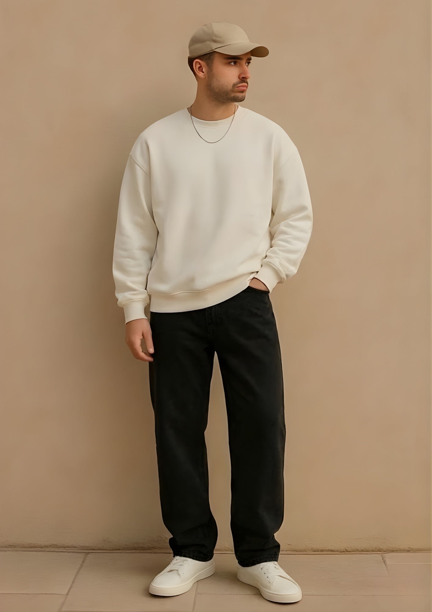 Solid Off White Men Drop Shoulder Premium Terry Sweatshirt