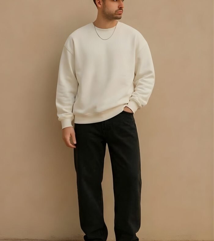 Solid Off White Men Drop Shoulder Premium Terry Sweatshirt