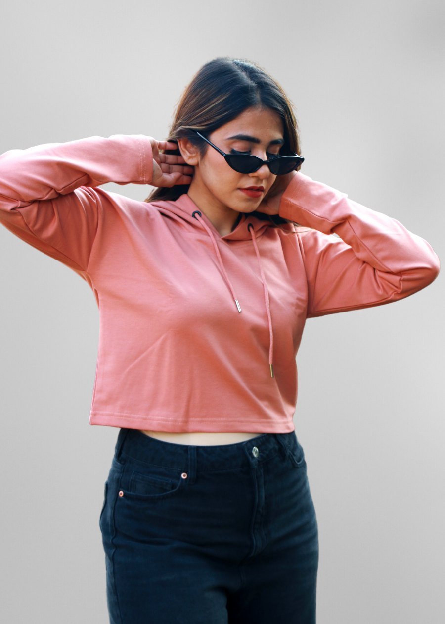 Salmon Pink Cropped Hoodie For Women