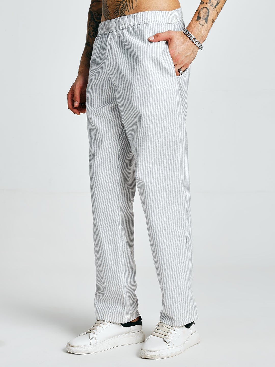 Men Striped Cotton lounge pants - Ash Grey