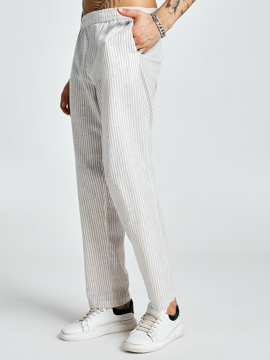 Men Striped Cotton lounge pants - Camel