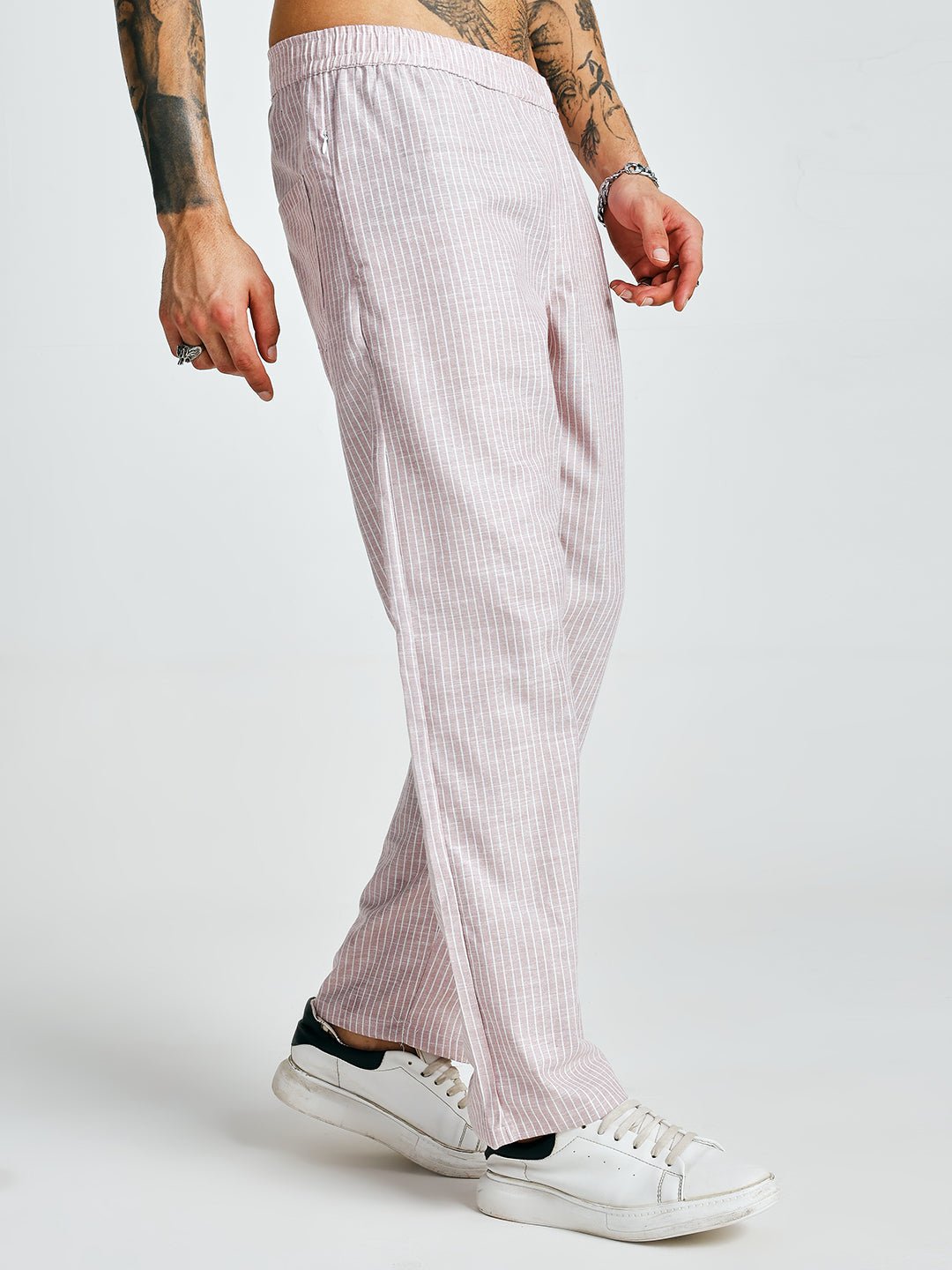 Men Striped Cotton lounge pants - Salmon Pink