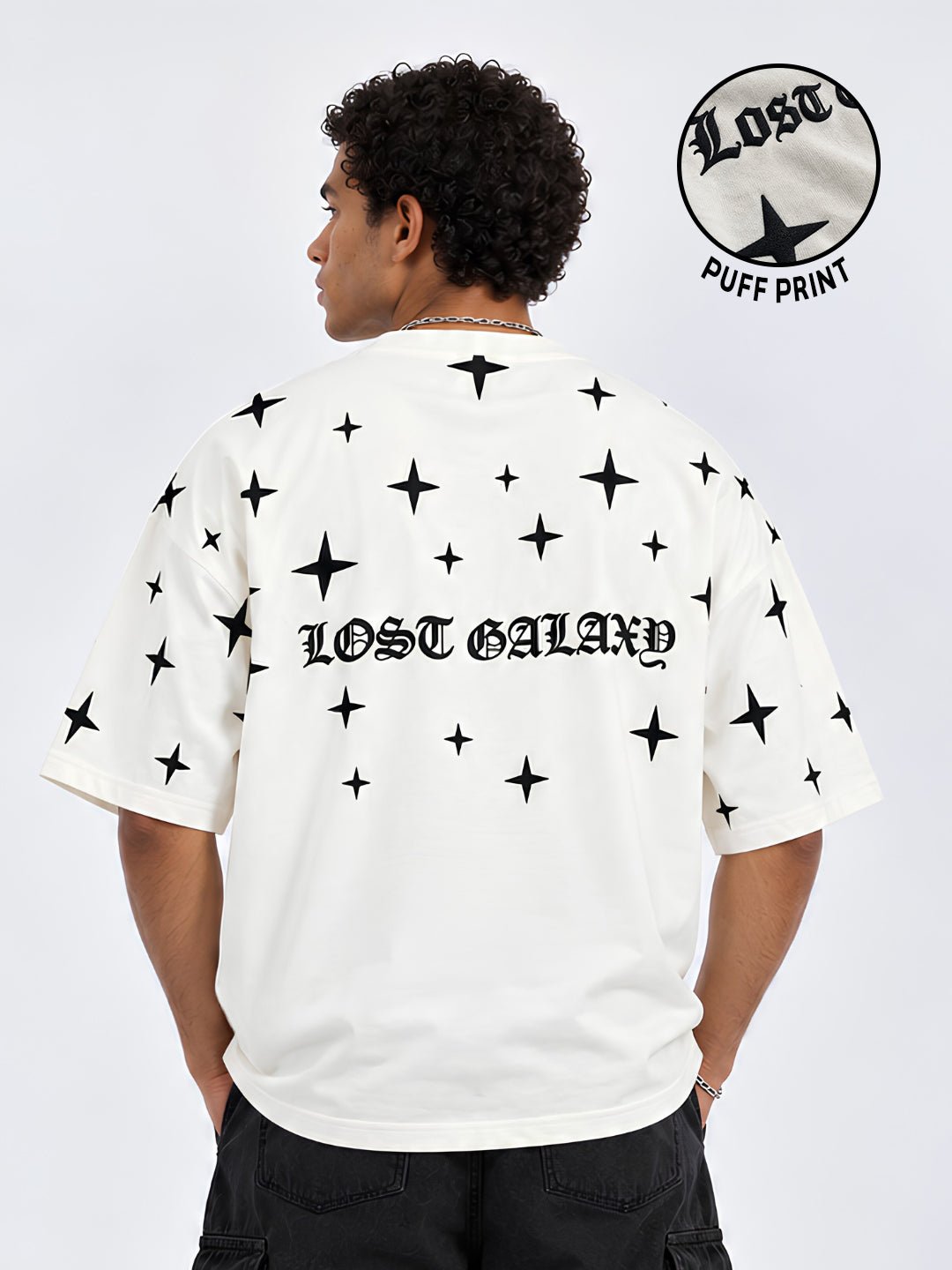 Lost Galaxy Puff Printed Men Premium Oversized T-Shirt - Off White